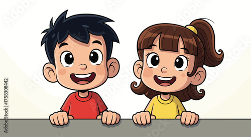 Cartoon Boy and Girl Smiling Together at Desk: Elementary School Students Learning, Kids Education, Children's Illustration in Bright Colors, Youthful Joy, Happy Childhood Friends with Positive Expres