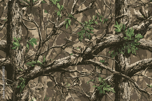 Real tree forest camouflage seamless pattern design for hunting and military uniform. Hunting camouflage. Camouflage pattern vector camo
