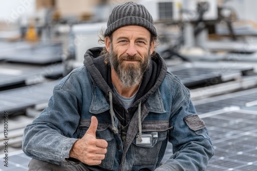 Smiling solar technician in denim jacket and beanie giving thumbs up while working on rooftop with solar panels Generative AI