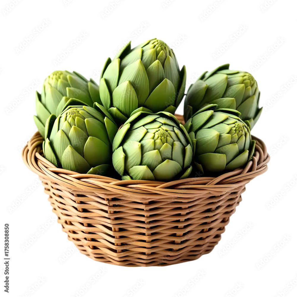 Obraz premium Woven Basket Full of Green artichoke isolated on transparent background