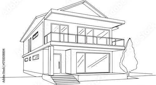 Modern Two-Story House Outline Illustration with Balcony and Steps
