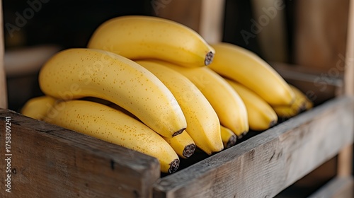Fresh yellow bananas arranged in a wooden crate at a market