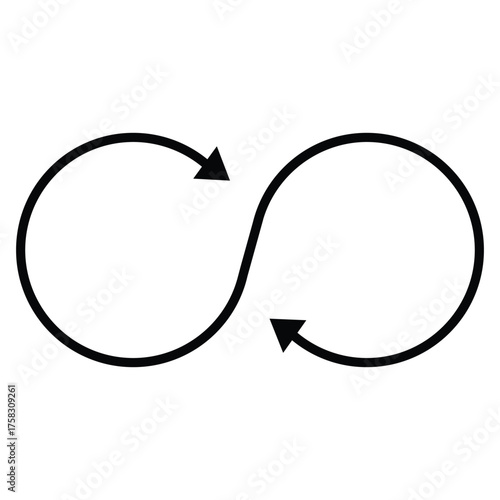 Black outline infinity symbol with arrowheads indicating a continuous loop or perpetual cycle. Represents sustainability, endless repetition, and circular processes. Clean vector icon.