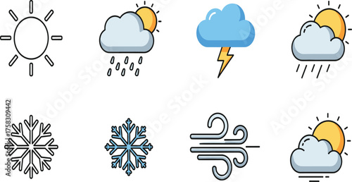 Weather Forecast Vector Icon Set: Sun, Rain, Snow, Wind, and Storm Symbols.