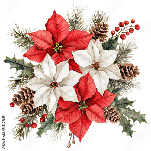 vibrant arrangement of red and white poinsettias, pinecones, and holly, the beauty of festive floral elements. ,watercolor clip art isolated on white background