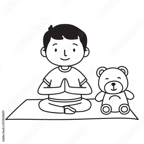 A boy doing yoga beside a plush toy