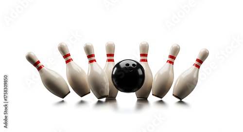 Bowling strike concept with ball hitting pins against a white background