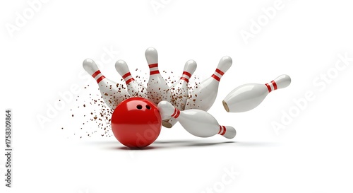 Bowling strike illustration with red ball hitting white pins on a bright backdrop