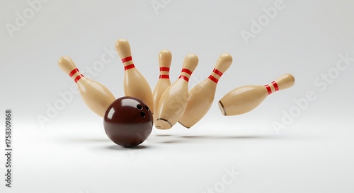 Bowling strike concept ball hitting pins creating motion on a neutral background