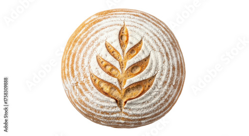 Cuadro en lienzo Isolated overhead shot of rustic sourdough bread round, with decorative leaf sco