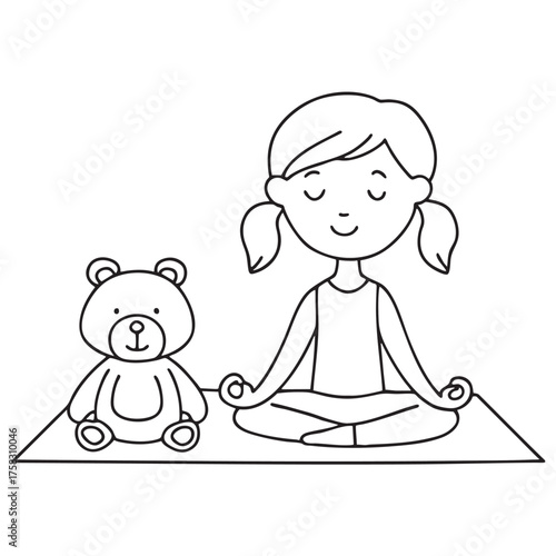 A girl doing yoga beside a plush toy
