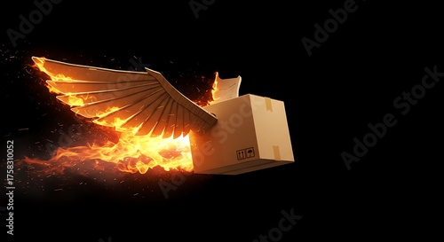Box with wings flying through flames against a black background