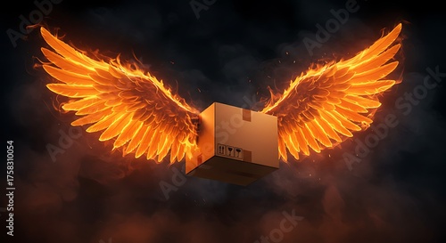 Box with fiery wings soaring against a dark background vector illustration