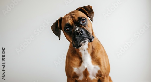 Boxer dog portrait with attentive expression on neutral background