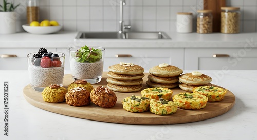 Breakfast foods on wooden board with kitchen background and natural light
