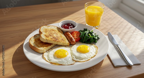 Breakfast plate with eggs toast sausage juice and spinach on wooden table