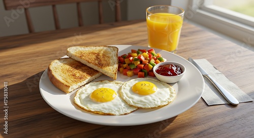 Breakfast plate with eggs toast and juice displayed on a wooden table near window