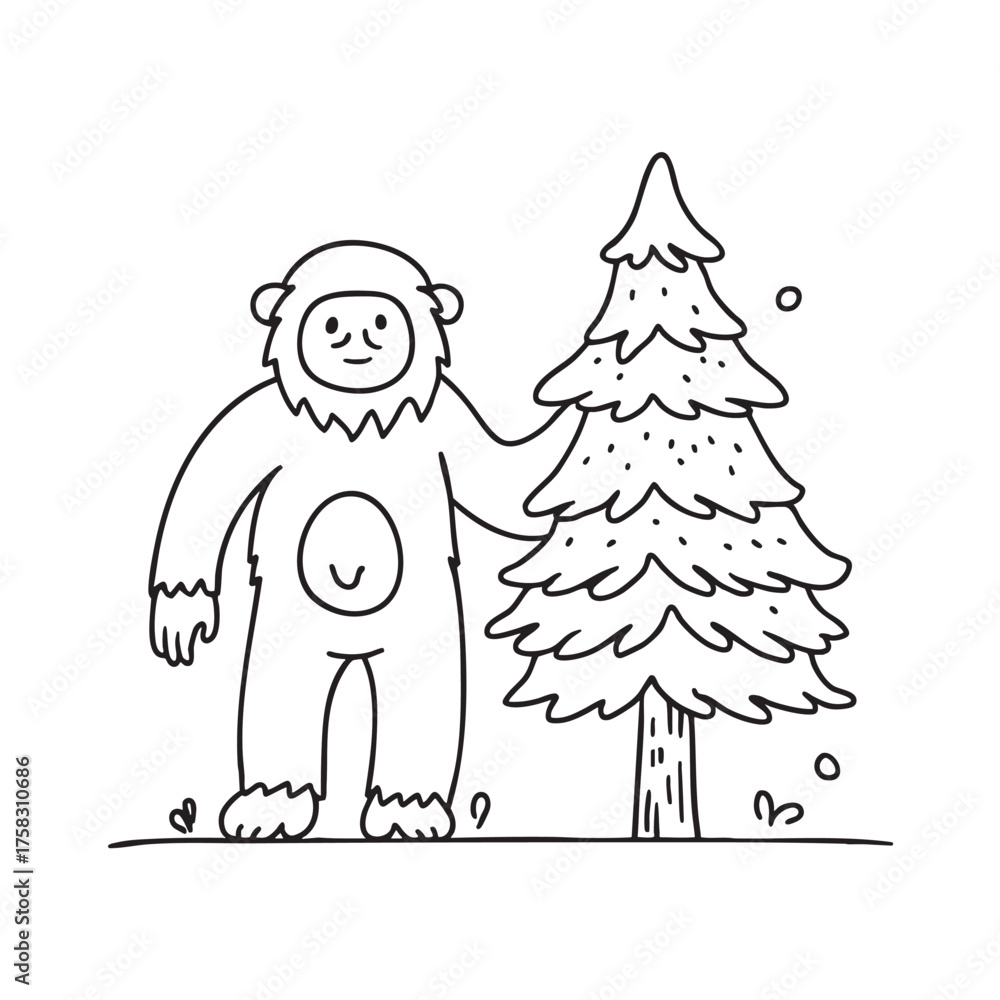 Fototapeta premium A yeti close to a pine tree dusted with frost