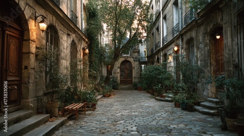 Fototapeta Naklejka Na Ścianę i Meble -  A photograph of an alley in Paris, with cobblestone streets and old buildings featuring wooden doors. Trees grow between the buildings, and small benches and potted plants line the walls.