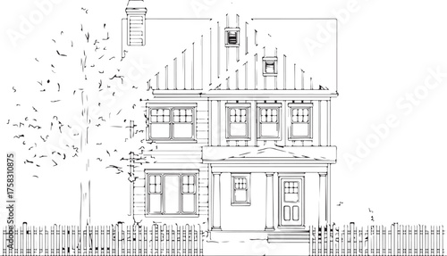 Architectural Line Art Drawing of a Traditional Two-Story House with Picket Fence