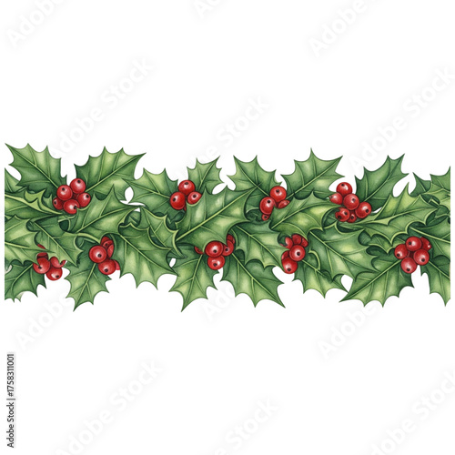 decorative seamless pattern border band of holly leaves interspersed with bright red berries, natural greenery and festive elements. ,watercolor clip art isolated on white background