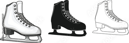 Figure skate in color, silhouette, and outline style, winter sport illustration