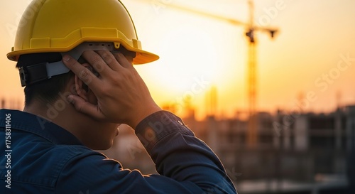 Mental health in the workplace, A construction worker in a hard hat covers his ears during sunset, reflecting on the busy industrial environment around him.