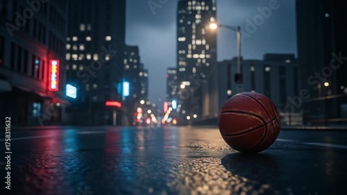Basketball on wet city street at night with blurry urban backdrop