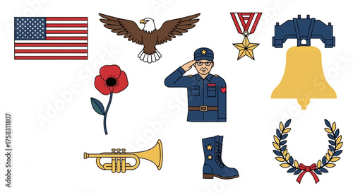 Vector patriotic icon set with American heritage and military honor theme, celebrating veterans, freedom, unity and national pride, flat minimal design with bold outlines, USA memorial day symbols