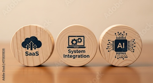 SaaS business models, Three wooden discs display icons for SaaS, System Integration, and AI, technology and innovation in software solutions.