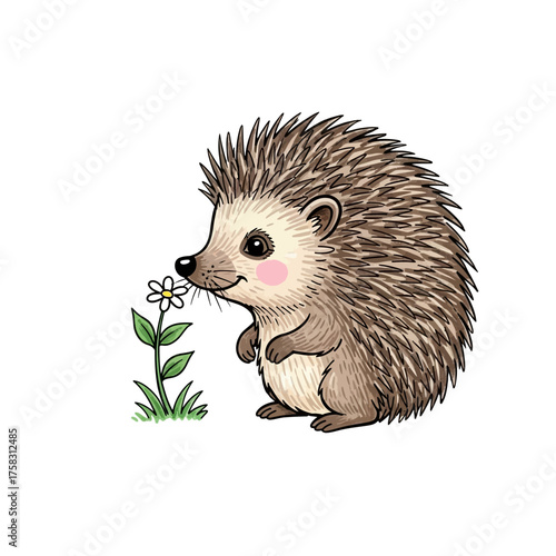 Sweet hedgehog character curiously sniffing a small flower in a playful felt tip marker style drawing