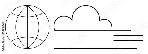 Globe with meridians symbolizing global reach next to a cloud and horizontal lines representing cloud storage, speed, and data transfer. Ideal for tech, global business, cloud services, innovation