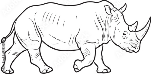 Black and White Line Art Drawing of a Rhinoceros Walking
