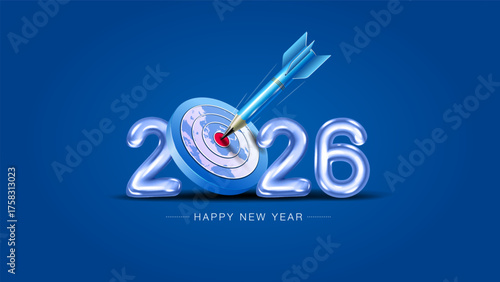 2026 new year target concept design. Educational pencil replaced with dart and hitting bulls eye.