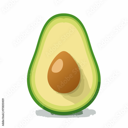 A sliced avocado with vibrant green flesh and a smooth brown pit resting in the center.