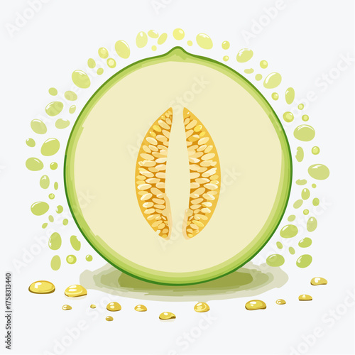A honeydew melon halved with textured pale green flesh surrounded by softly glowing droplets.