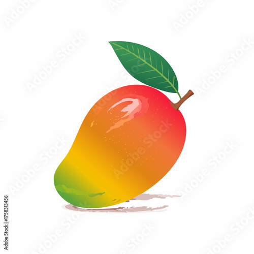 A ripe mango with a single leaf resting gracefully on its textured skin under soft light.