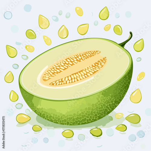 A honeydew melon halved with textured pale green flesh surrounded by softly glowing droplets.