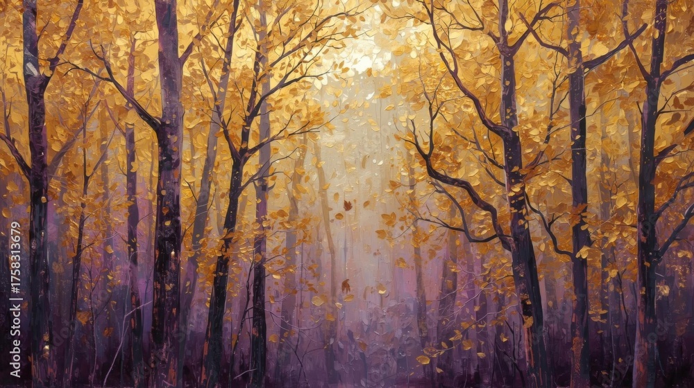 Fototapeta premium autumn forest , gold and lilac tones, gem texture and radiant shine