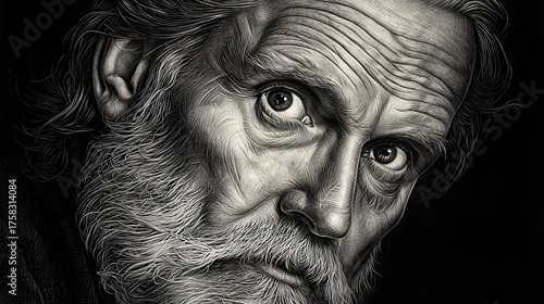 Engraved Portrait of a Historical Figure, Portrait of an old man with beard in black and white, expressive elderly portrait with deep emotion, classic portrait of old man with dramatic lighting