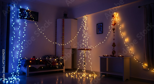 Cozy room decorated with glowing blue and yellow string lights and traditional diyas for a festive celebration.
