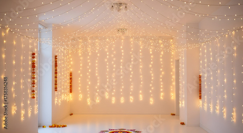 Magical room interior lavishly decorated with warm fairy string lights and marigold garlands for a festive occasion.