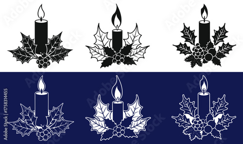 Christmas Candle and Holly Berry Wreath Silhouette Vector Icon Set