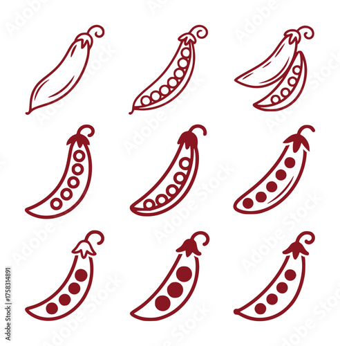 Collection of stylized pea pod icons in various stages of fullness