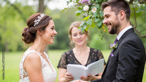 Happy wedding couple exchange vows during outdoor ceremony, with the officiant reading the text, and green background representing love and commitment, for use in marriage-related campaigns.
