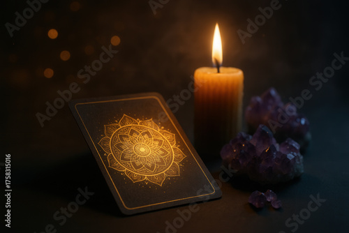 Mystical Golden Mandala Card Illuminated by Warm Candle Flame Beside Purple Amethyst Crystals on Dark Surface