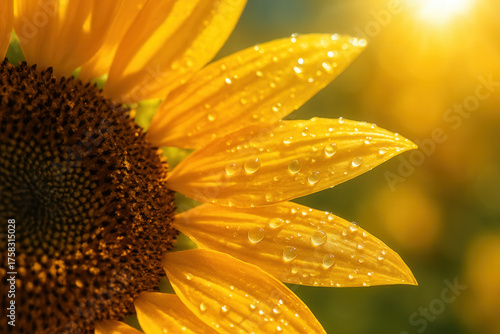 Vibrant Yellow Sunflower Petals Covered in Fresh Dew Drops Under Bright Golden Sunlight in Summer Field