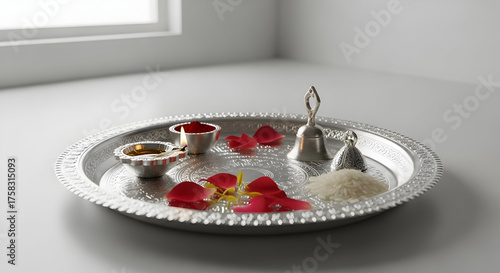 Elegant silver puja thali with small bowls, rose petals, rice, and bell for traditional Hindu rituals.