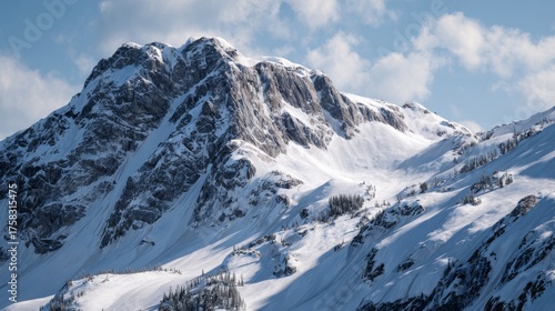 Wallpaper Mural Rugged mountain peak, partially covered in snow, reaching into a blue sky with soft, scattered clouds Torontodigital.ca