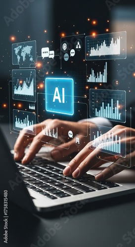 SaaS business model, A person typing on a laptop with digital graphics, including AI, charts, and data, illustrating the integration of technology and artificial intelligence.